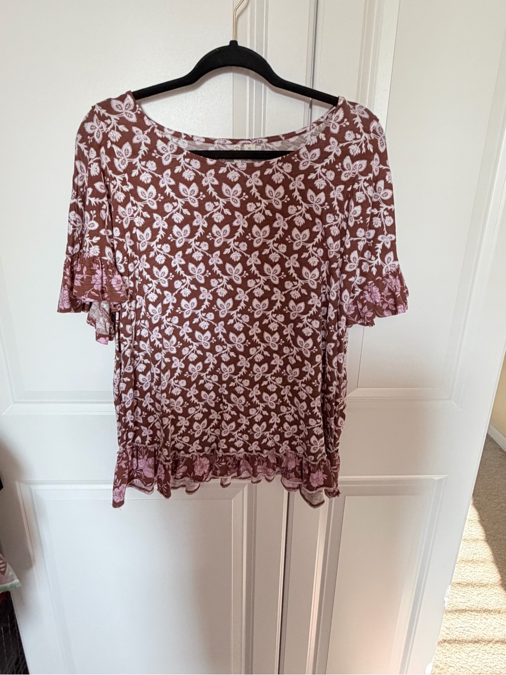 Women's Brown Floral Ruffle Sleeve Top